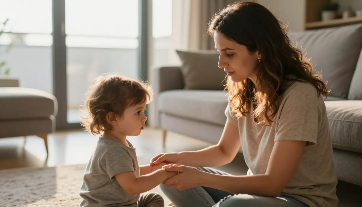 İnat döneminde sakin ve sevgi dolu bir anne-çocuk anı. Doğal ışıkta gerçek bir bağlantı.