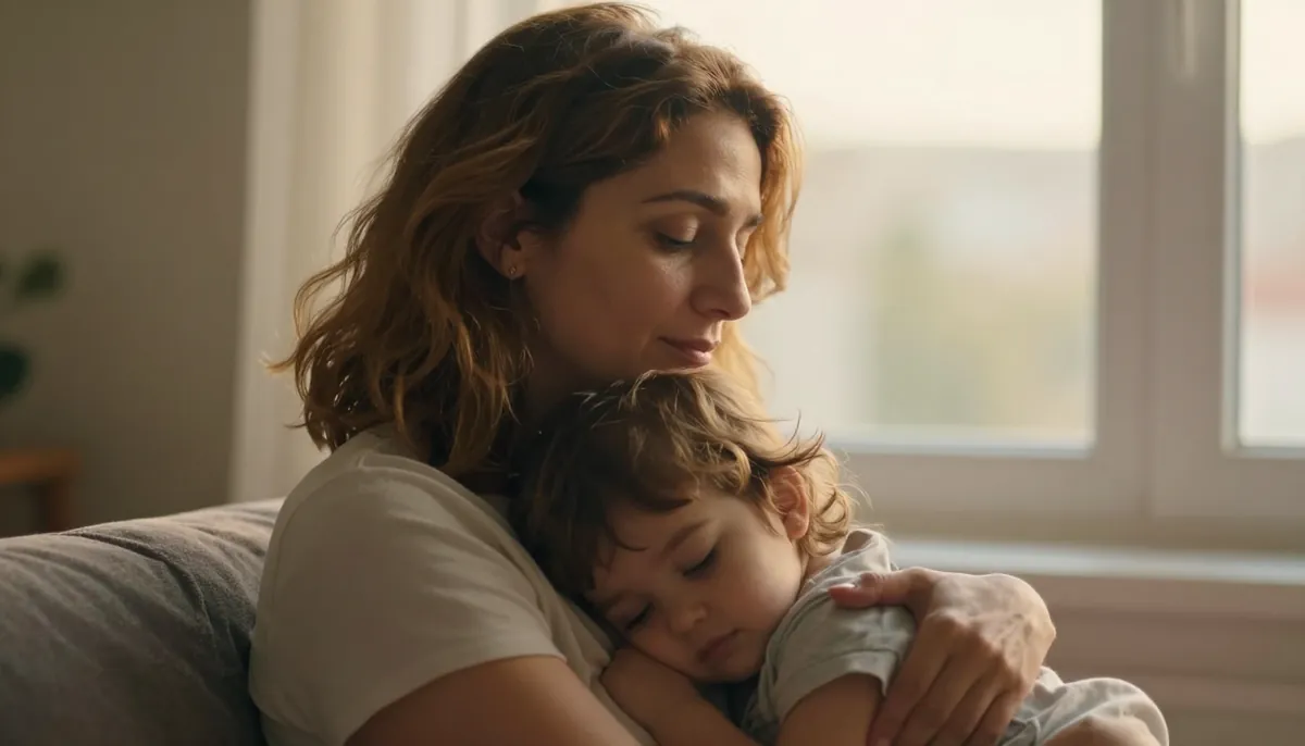 Anne ve küçük çocuğu huzur içinde sarılı, dinlenmenin gücünü yansıtan an.