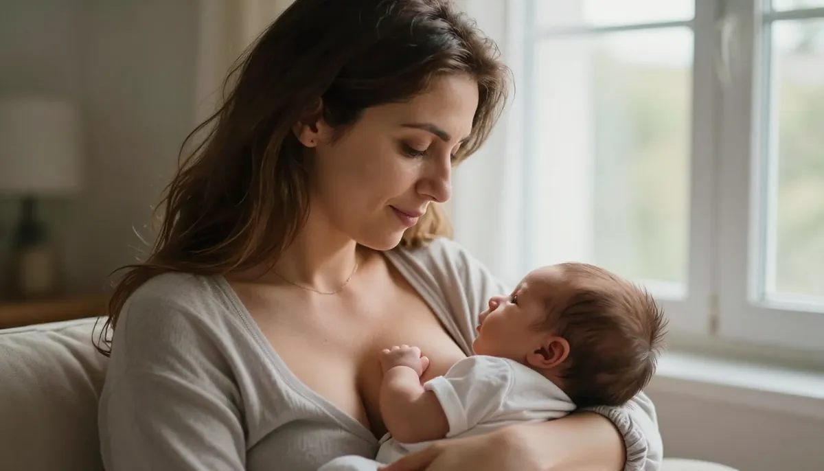 Emziren anne, sabah ışığında bebeğiyle yakın anı. Güven ve sevgi bir arada.