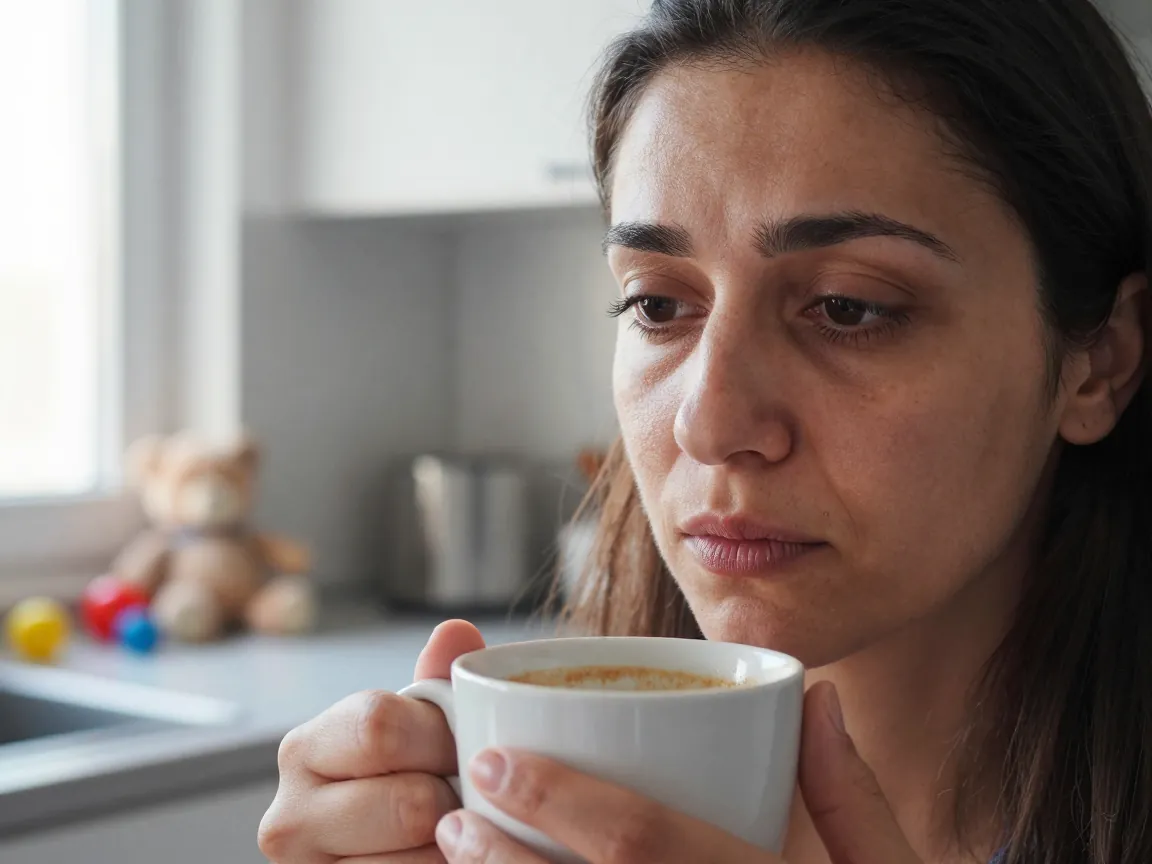 Mutfakta kahve bardağıyla sessiz bir anın tanığı: tükenmiş bir anne.