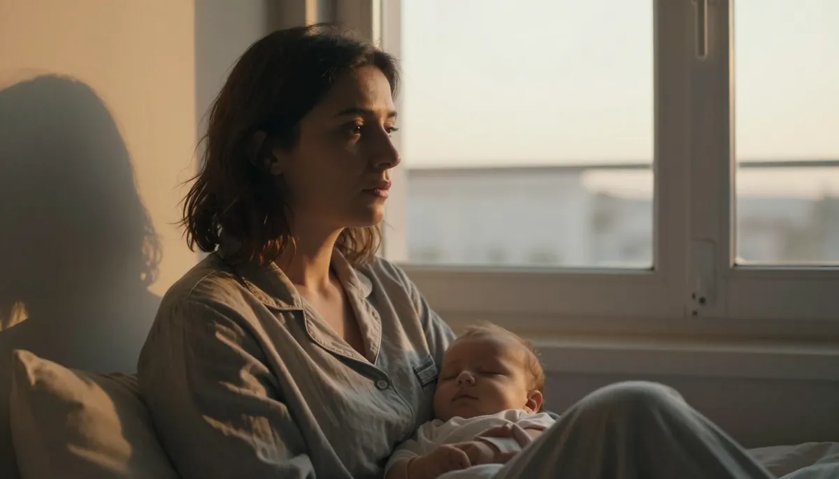 Sabah 6'de uyanmış yorgun anne, bebeğinin yanında yatakta oturuyor.