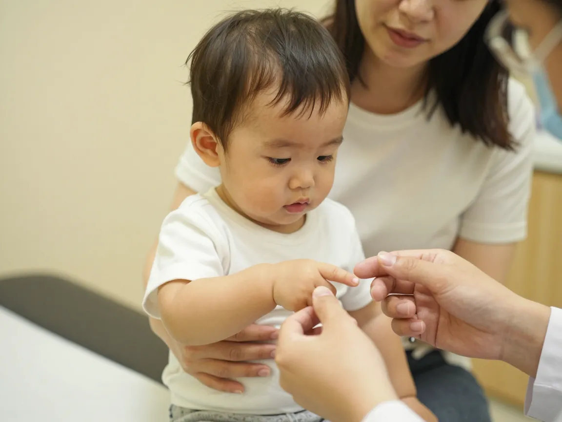 Meraklı çocuk aşılama sırasında, anne güvence veriyor.