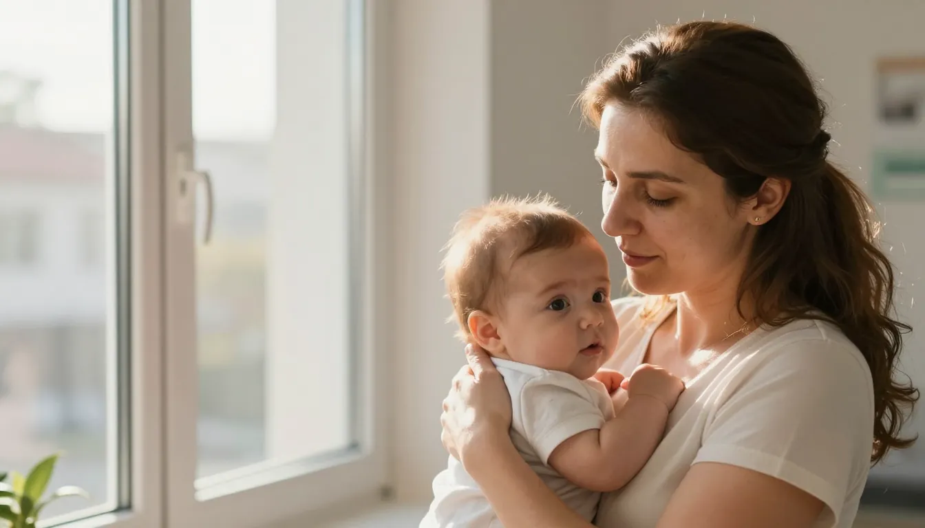 Türk annesi bebeğini klinikte sabah ışığında kucaklaması, güven ve koruma mesajı.