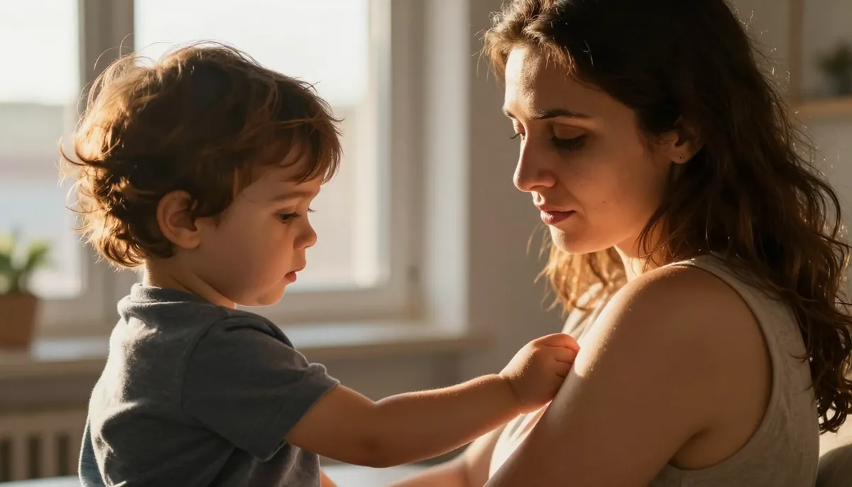 Aşı sonrası anne ve çocuğun duygusal anı—güven ve endişenin karışımı.