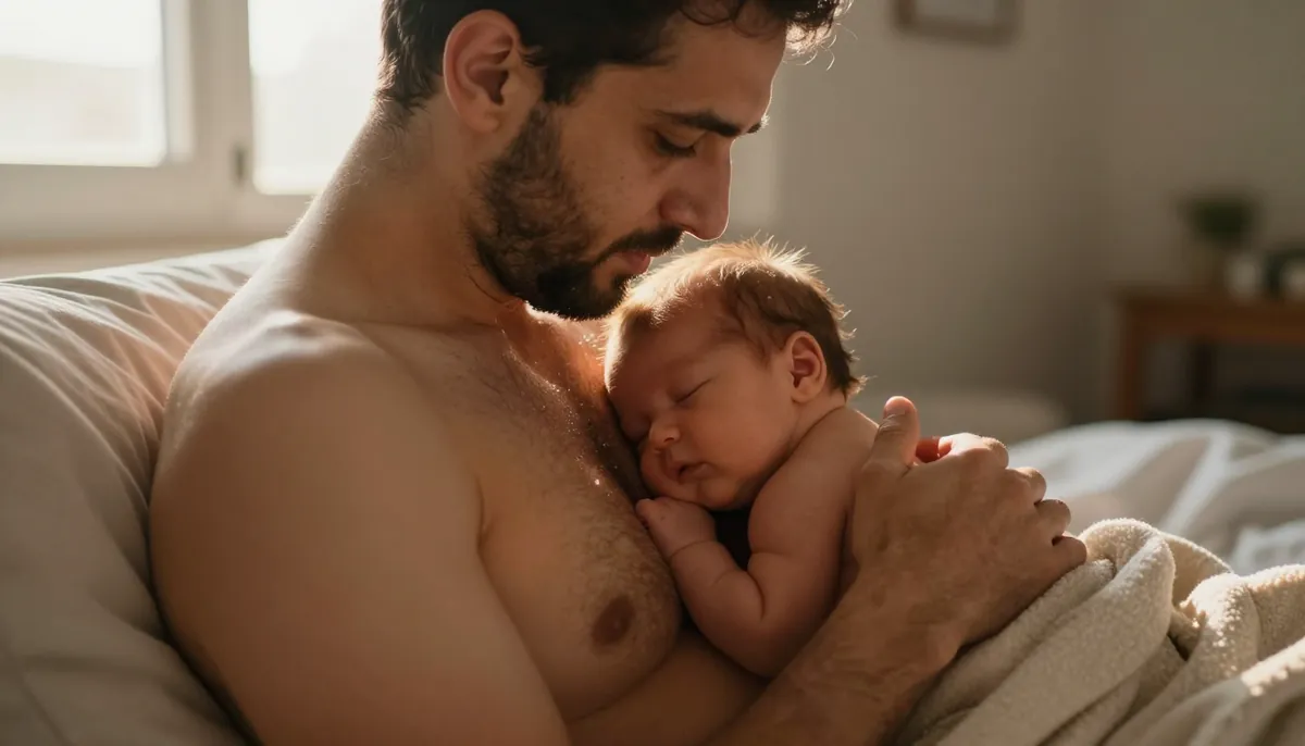 Babayı göğsüne alan baba, eşit ebeveynliğin ilk adımı