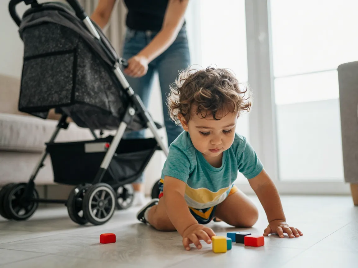 Mama, katlanabilir arabasını hazırlarken çocuk oyunla meşgul