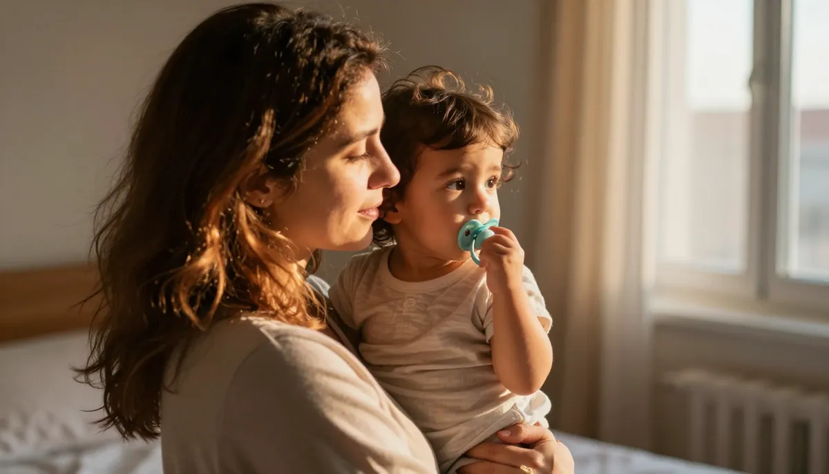 Emzik bırakma yolculuğunda anne ve bebeğin duygusal anı. Sabah ışığında bir başlangıç.