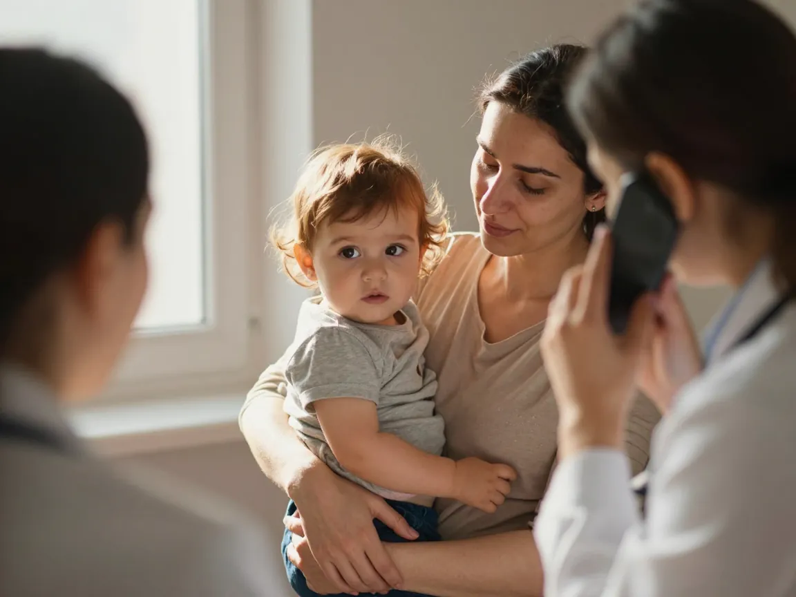 Doktor danışması için telefonda, aydınlık bir anında rahatlamış annenin toddler ile portresi.