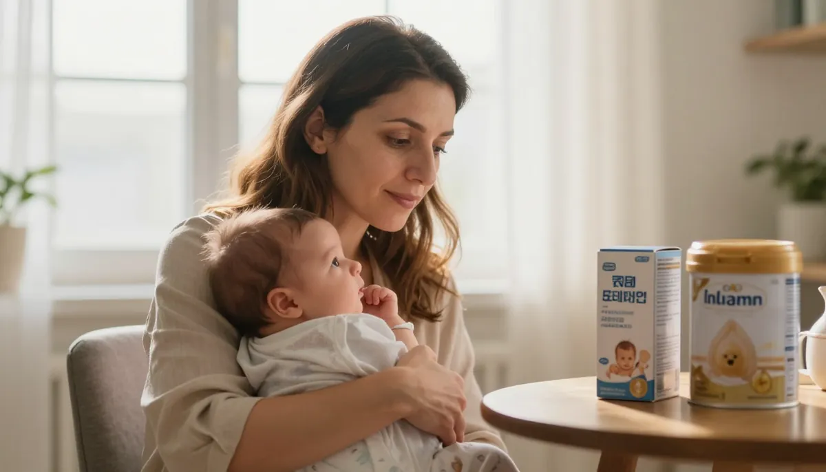 Anne, bebeğiyle birlikte formula seçimini düşünürken ışılı bir anın tadını çıkarıyor.
