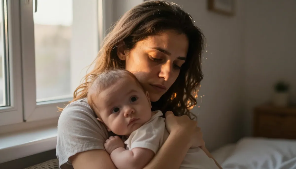 Gece boyunca uyumayan bebekle yorgun anne — gelişim sıçramasının işareti.