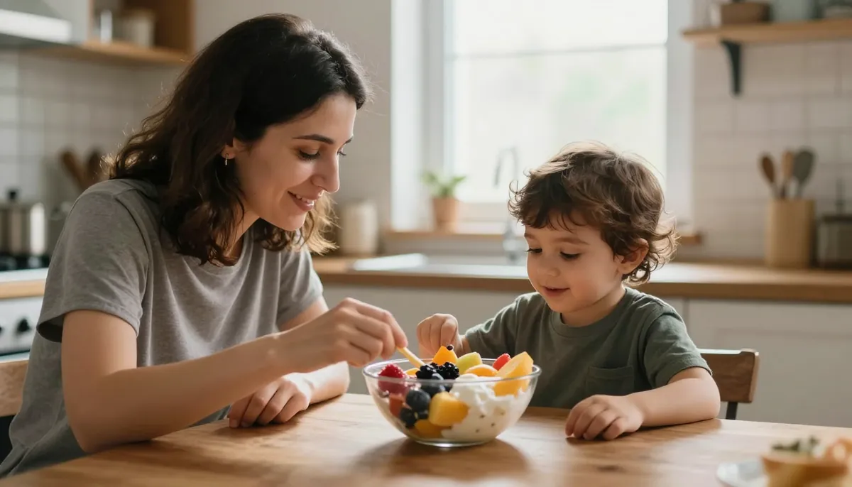 Sağlıklı atıştırmalık anlarının başlangıcı: anne ve çocuk, sevgi dolu sofrada.