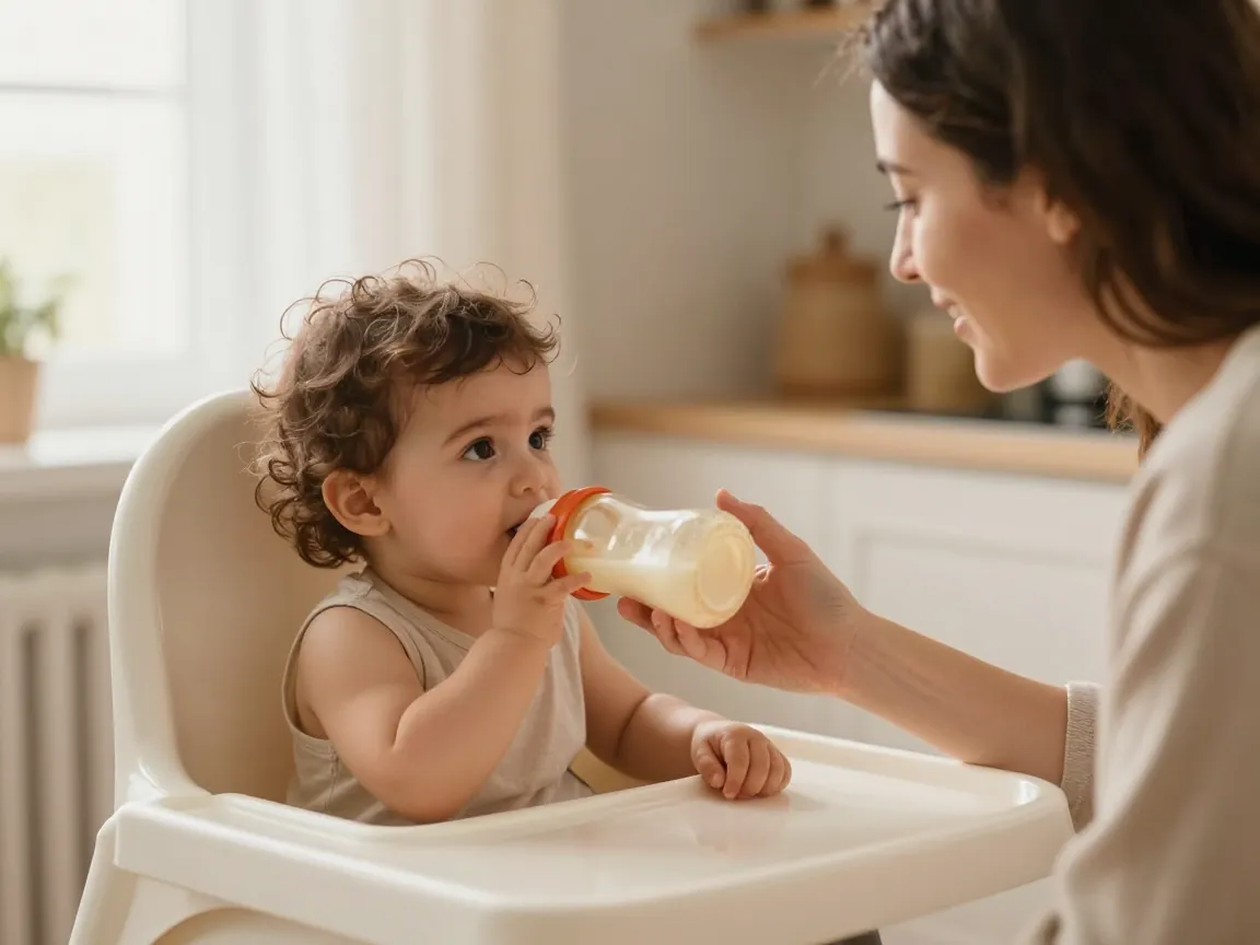 Toddler bebeğin biberonu kabul ettiği rahat, güvenli beslenme anı.