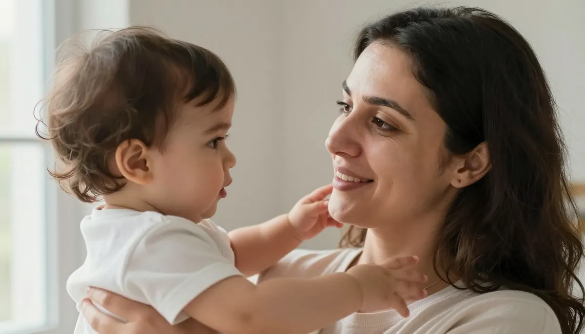 Annesi ile konuşma gelişiminin başında olan küçük çocuk, ışığın içinde.