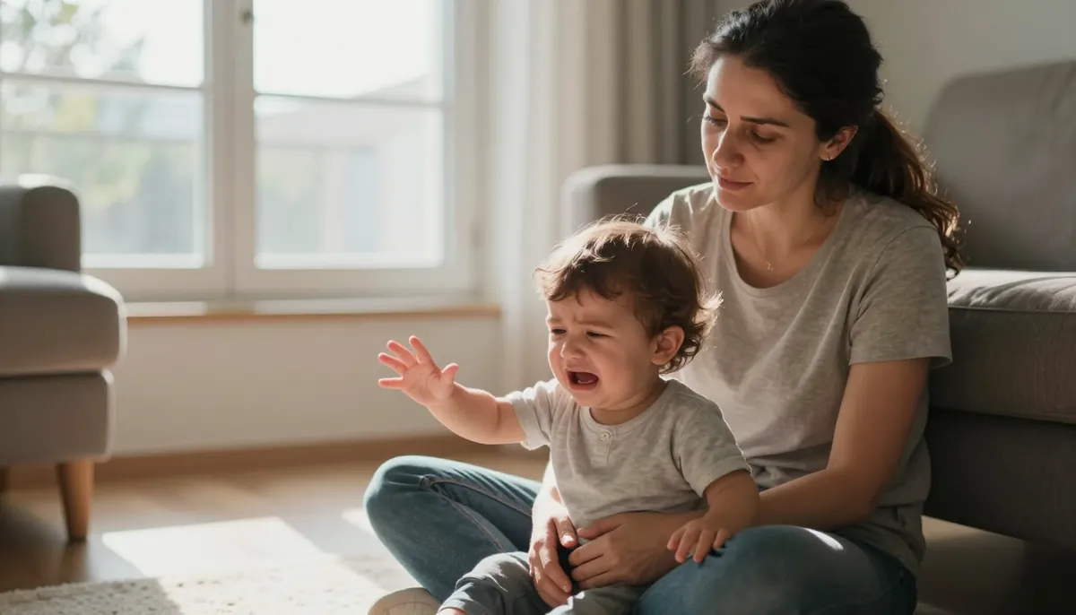 Çocuğun mızmızlığına sakin ve sabırlı bir anne cevap veriyor. Doğal ışık, gerçek an.