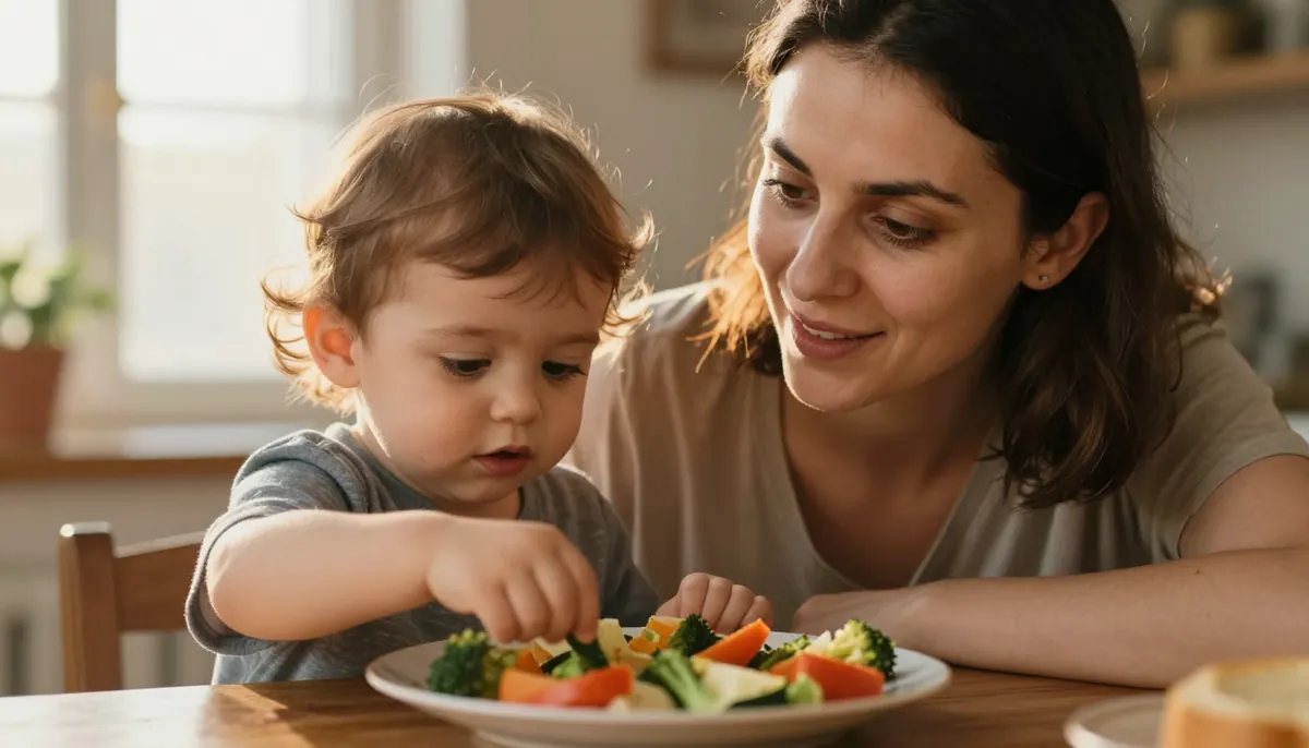 Seçici yeme döneminin başında: anne ve bebek yemek masasında, merak ve çekingenlik bir arada.