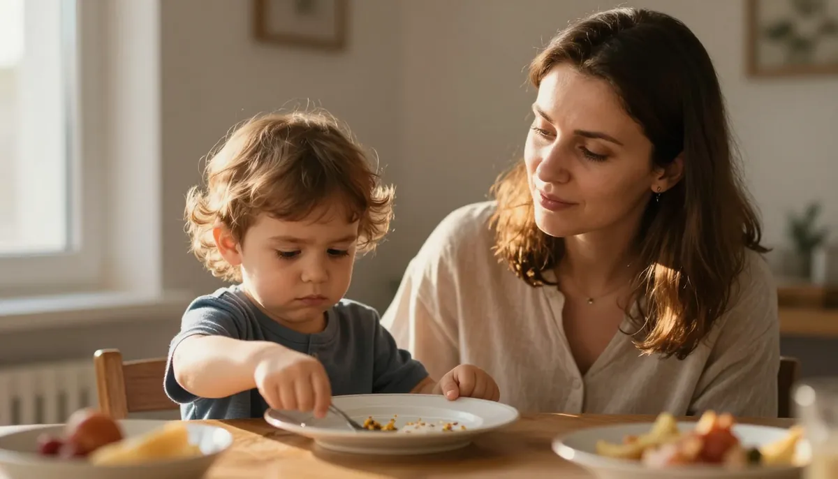 Yemek masasında anne ve küçük çocuk, seçicilik anı