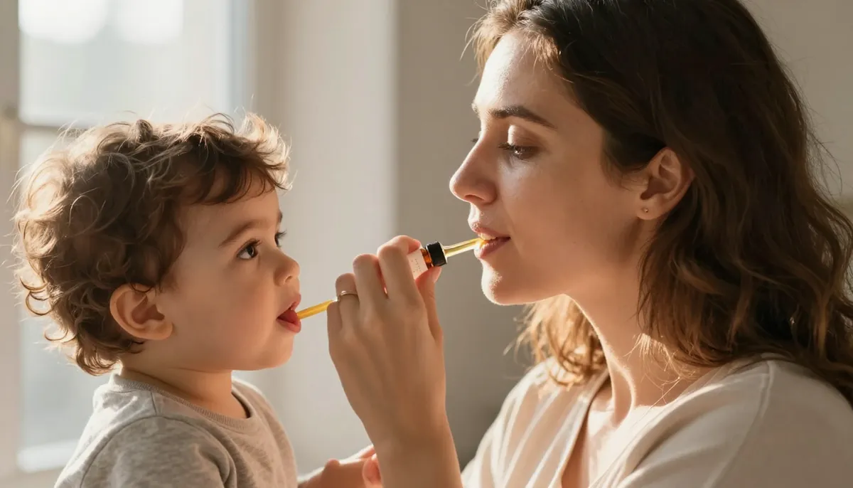 Türk annesi vitamin D damlasını oğluna veriyor, sabah ışığında güven ve sağlık.