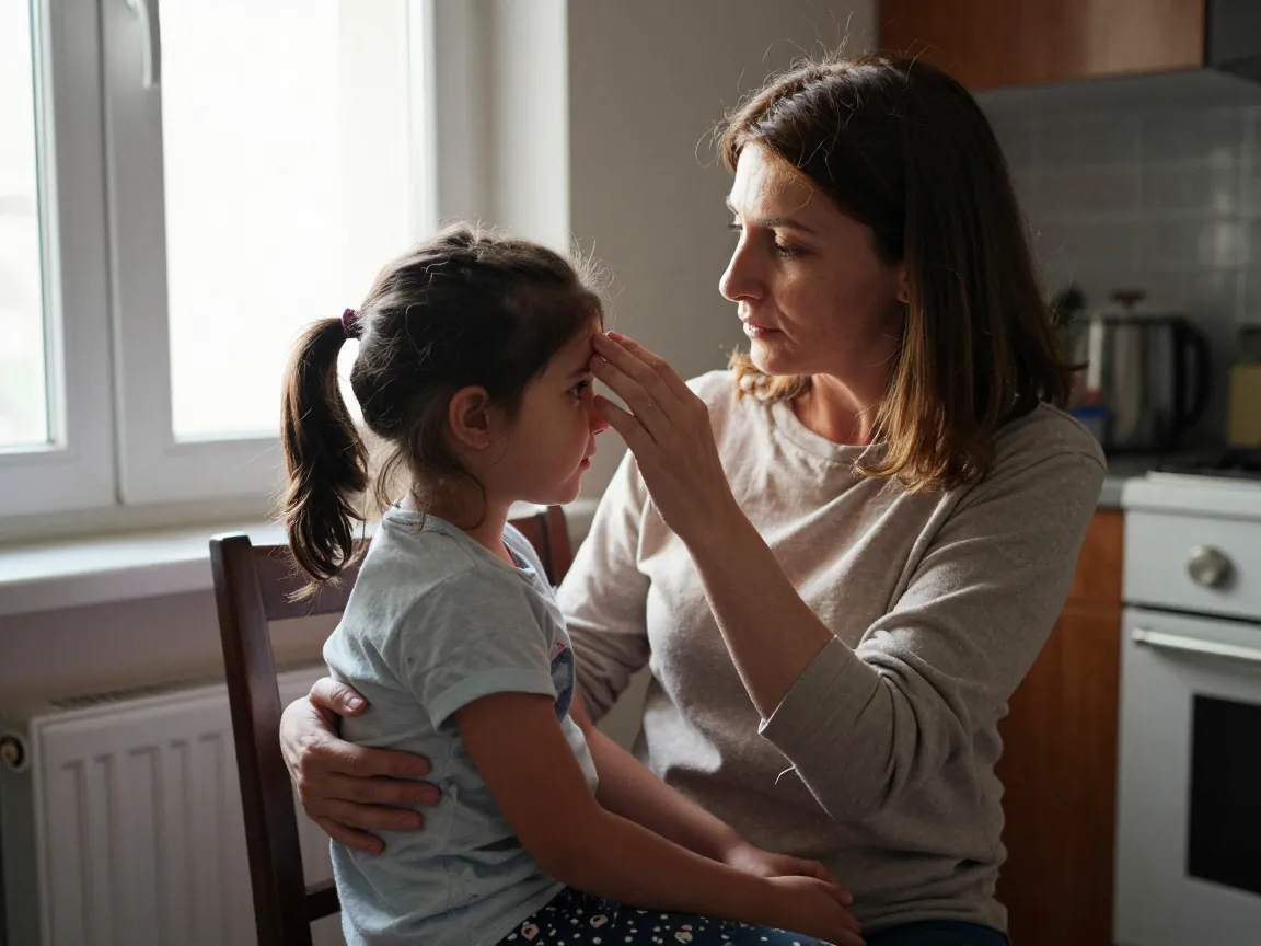 Iyileşme döneminde çocuğunu rahatlatmaya çalışan annenin sabırlı bakışı