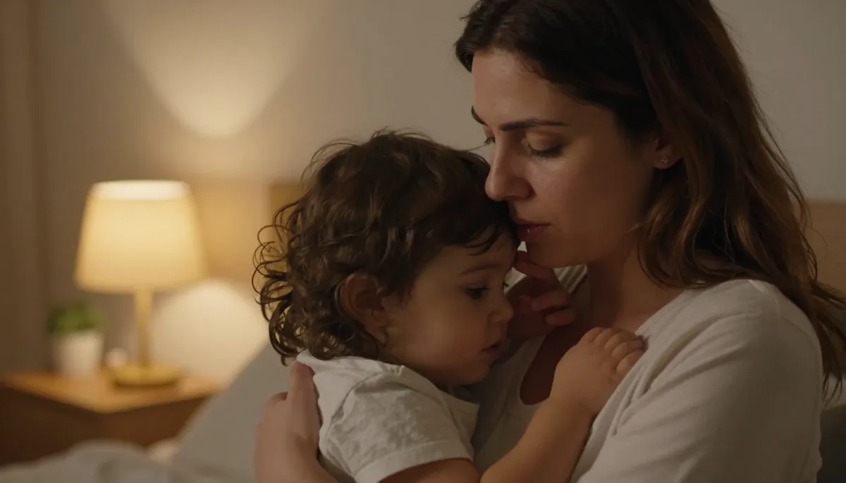 Ateşli bir çocuğu kontrol eden kaygılı annenin yüz ifadesi ve koruyucu kucağı