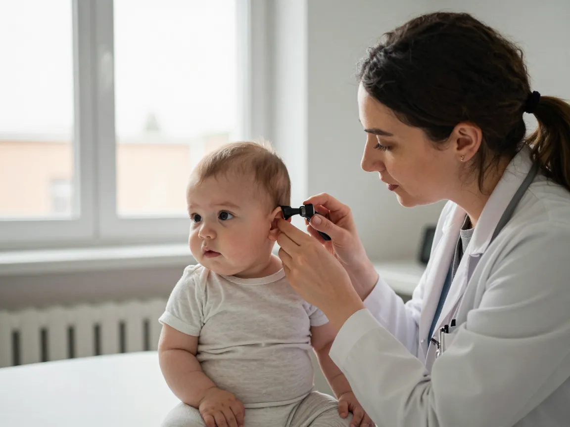 Çocuk doktoru muayenesinde, anne güvenle bebeği tutmuş, kulak kontrolü yapılıyor.