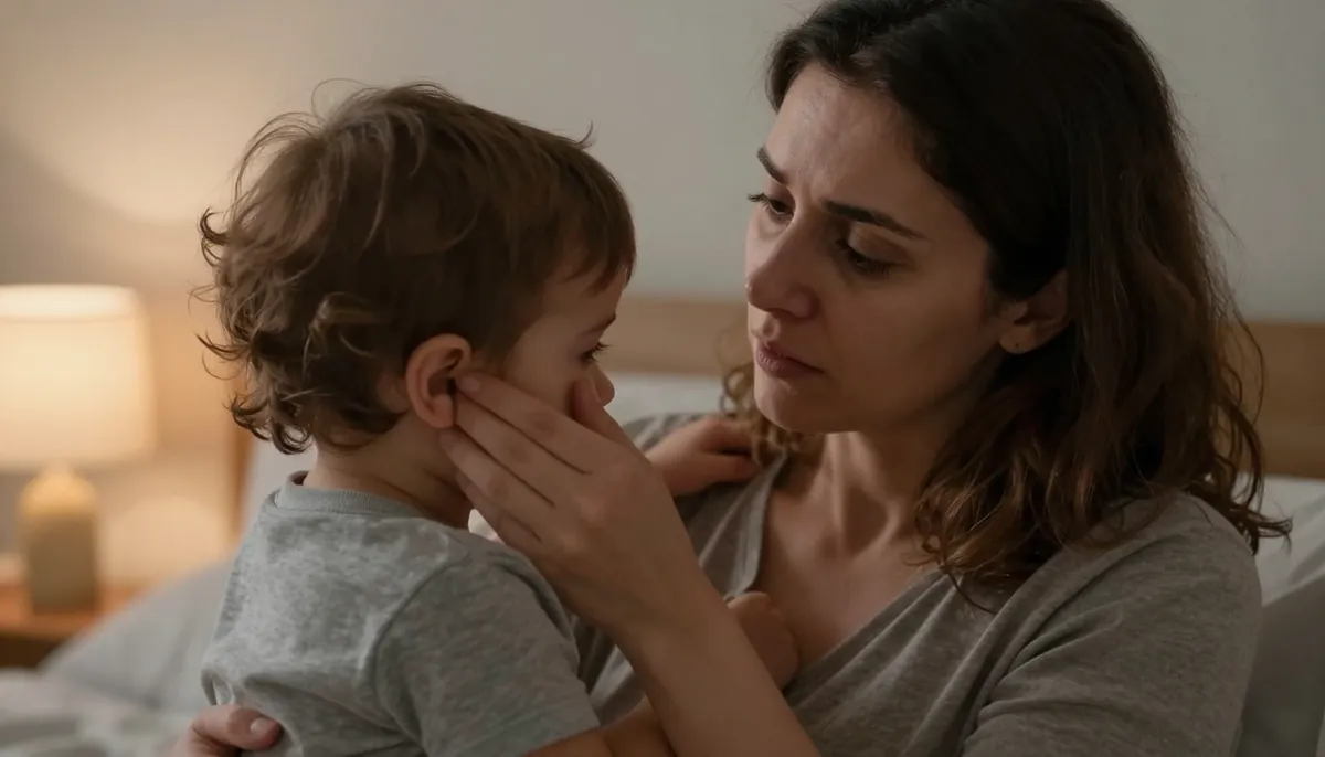Gece yarısı endişeli anne, ateşli bebeği kucaklamış, çocuk kulağını tutmuş.