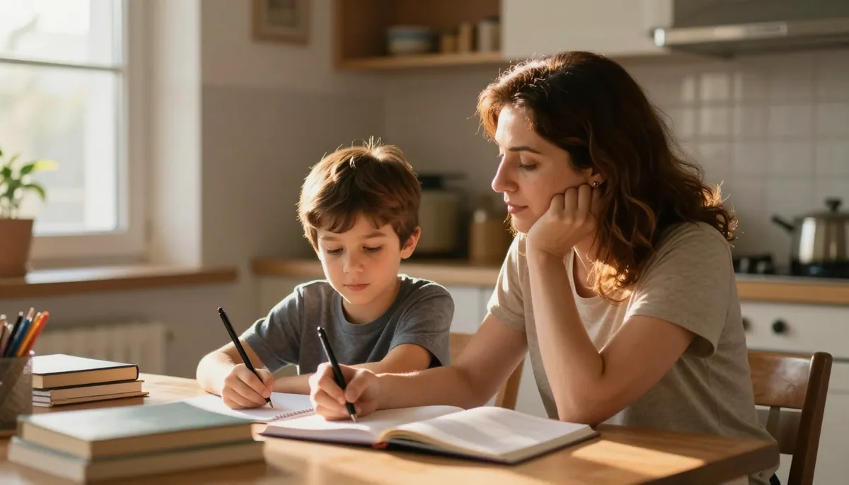 Öğrenme güçlüğü yaşayan çocuğa destek veren anne-çocuk ilişkisinin sıcak portresi.