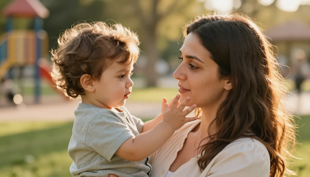 Anne ve bebeğinin parkta altın saatinde paylaştığı sevgi dolu an.