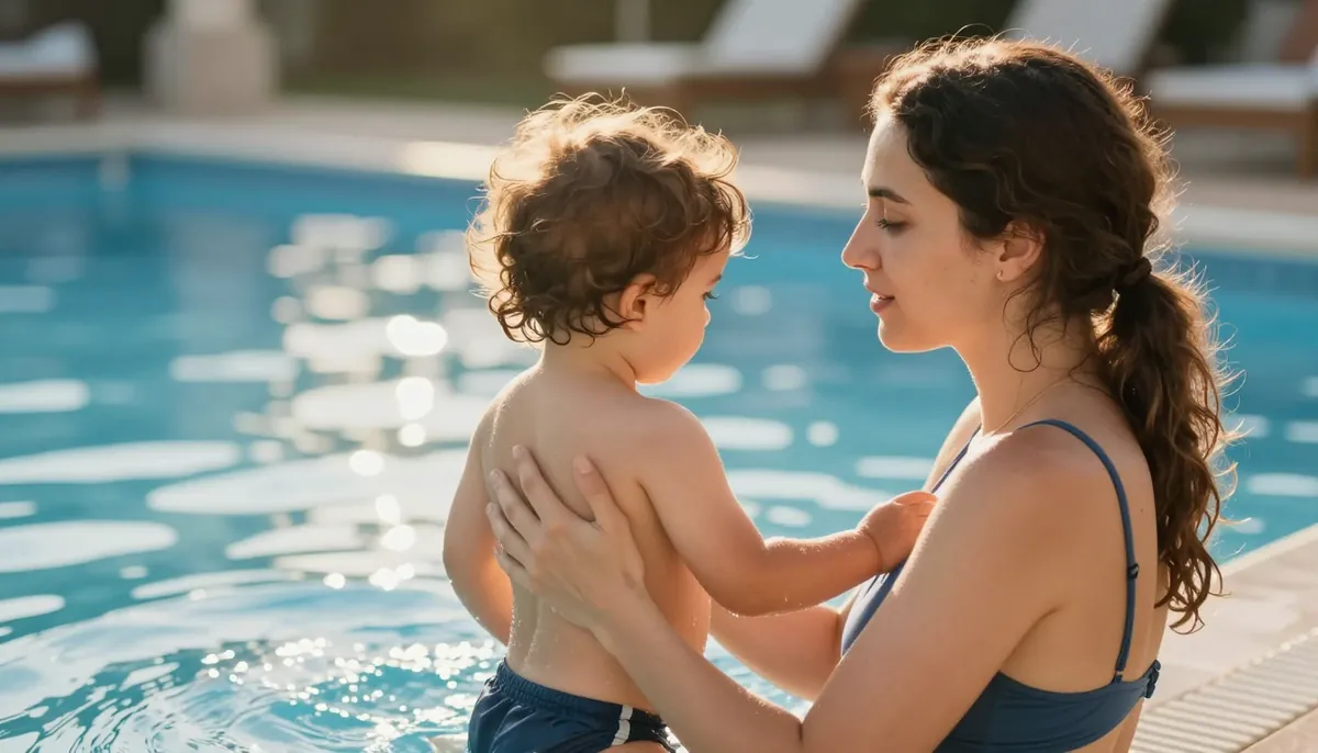 Anne, bebeğini havuz kenarında güvence altında tutarak su güvenliğini sağlıyor.