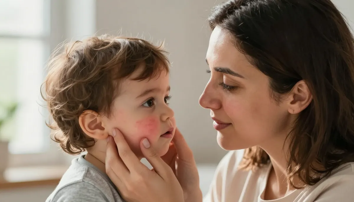 Alerjik reaksiyonun ilk belirtileri: anne bebeğinin yüzündeki kızarıklığı gözlemliyor.