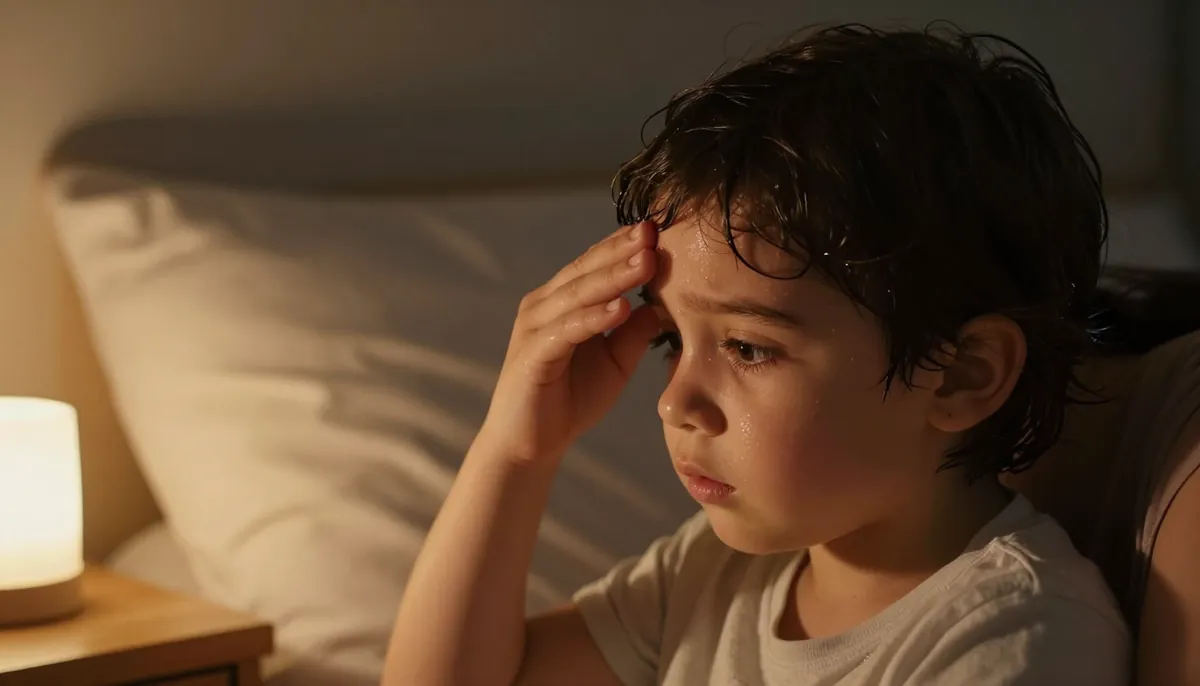 Gece uyku kontrolünde anne ve çocuk, ıslak saçlar ve endişeli bakış