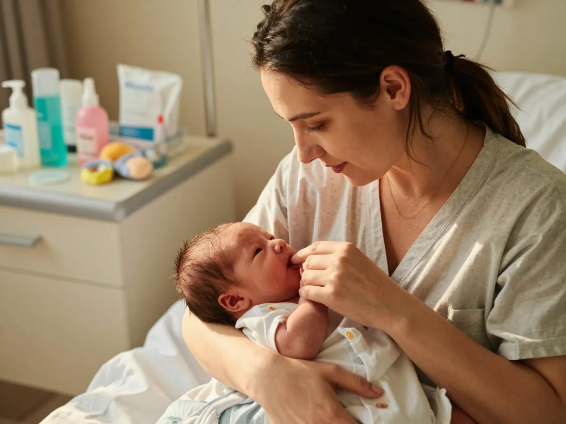 Doğum sonrası odada anne ve bebek. Ilk emzirme anı.