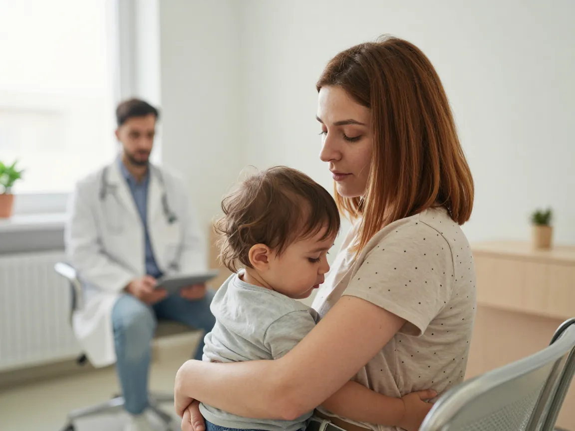 Doktor danışmasında güvenli tedavi seçenekleri hakkında konuşan anne.