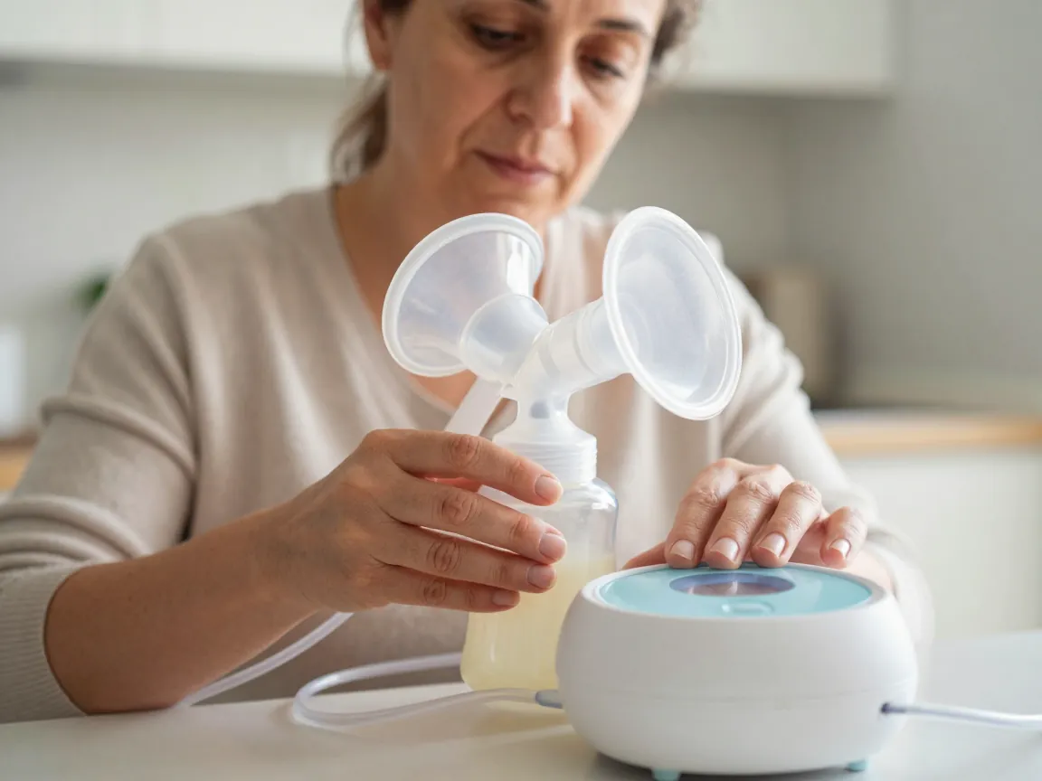 Anne, işe gitmeden önce sağım pompasını dikkatle hazırlıyor.