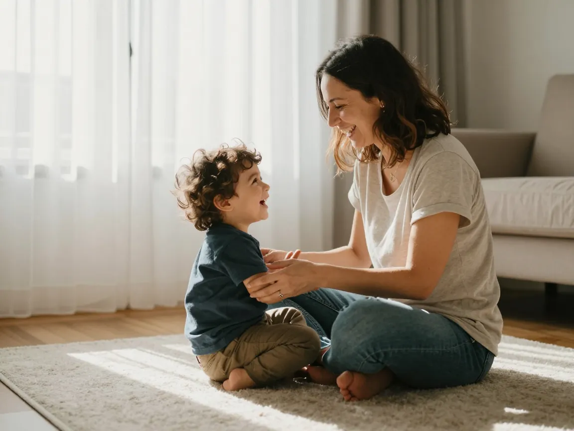 Oyun oynarken gülen anne ve çocuk, evlerinin sıcak ışığında mutluluk anı.