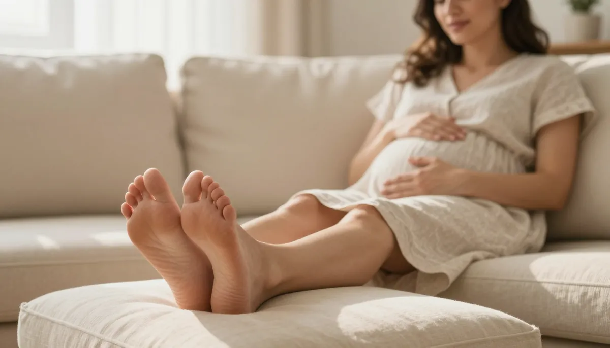 Hamile anne, şişmiş ayaklarını dinlendirirken endişeli ama sakin. Doğal ışık, ev ortamı.