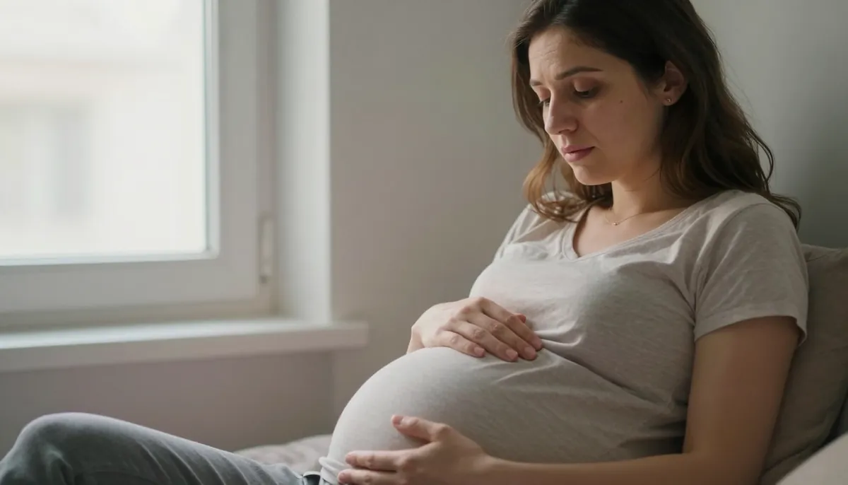 Hamile bir anne, endişeli ama güçlü; doğal ışıkta kendi vücudunu dinliyor.