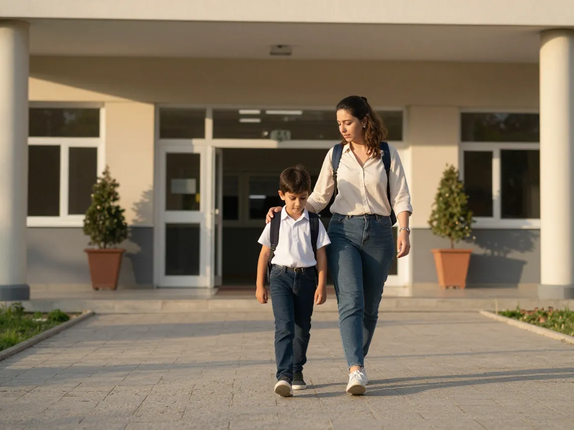 İlkokul birinci sınıfta ikinci doz KKK aşısına giden çocuk ve annesi.