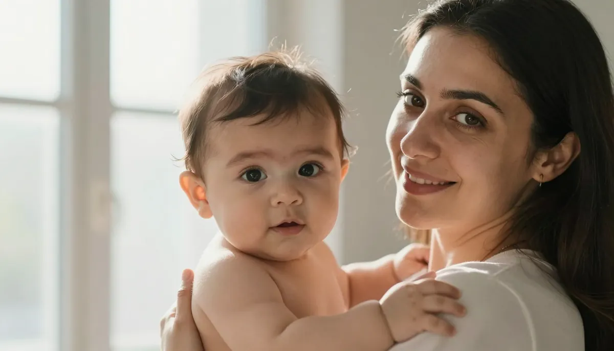 Anne ve 12 aylık bebeğinin aşı anında güven ve sevgi dolu anı.