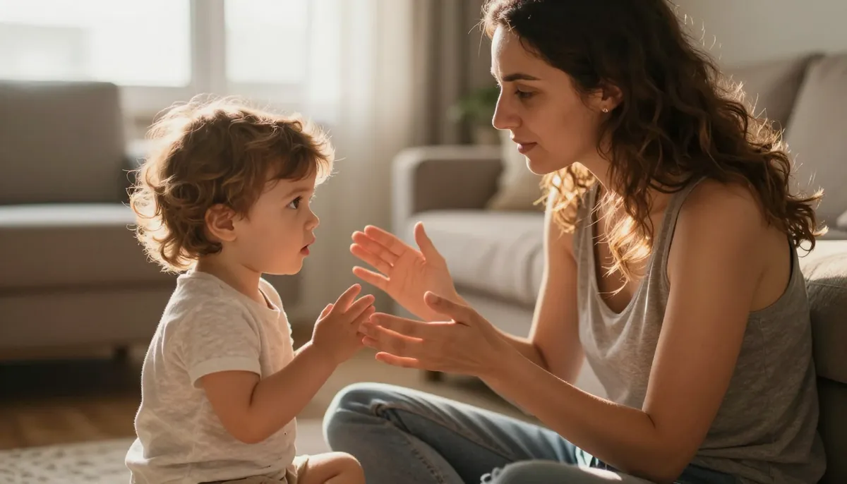Anne ve toddler arasında dil gelişiminin temel dönemini yakalayan sıcak, doğal sahne.