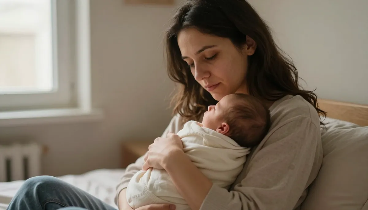 Yeni anne, bebeğini kucağında, sabah ışığında. Yorgunluk ve mutluluğun karışımı.