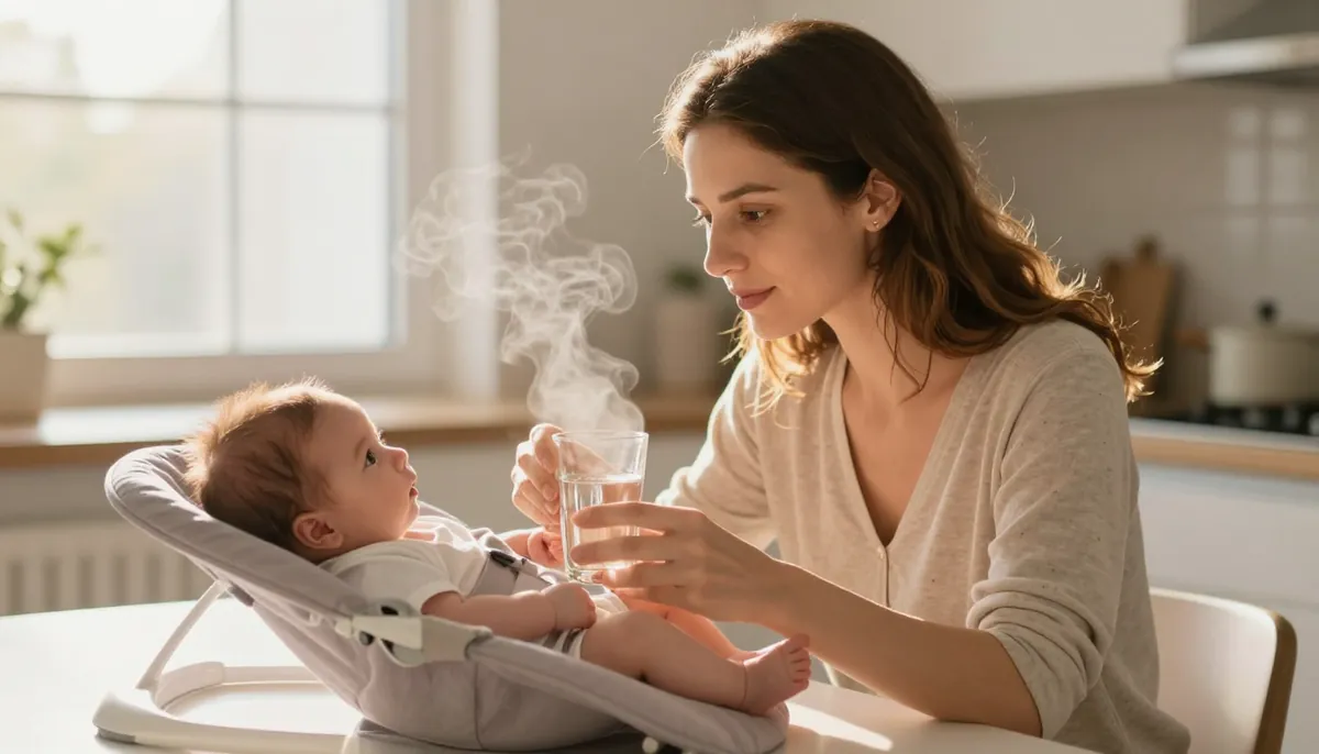 Anne, formülü hazırlarken bebeğini gözetliyor, güvenli ve bilgili beslenme anı.