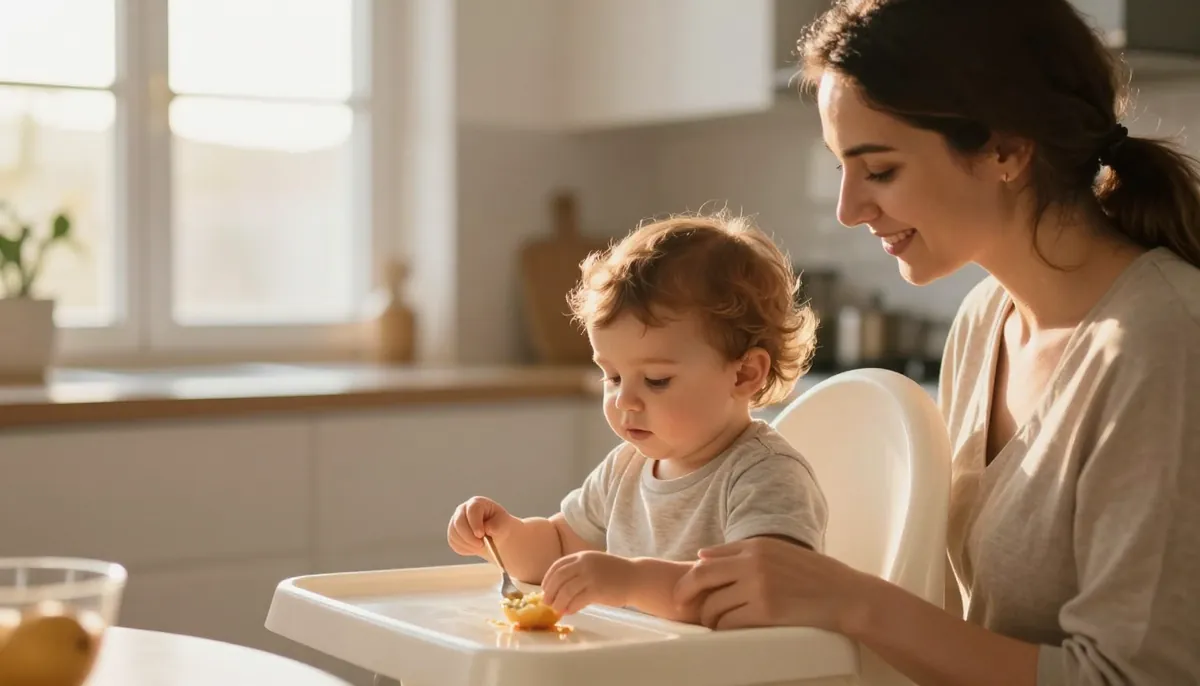 Bebeğin ilk katı yemek deneyimi, sıcak aile anı.
