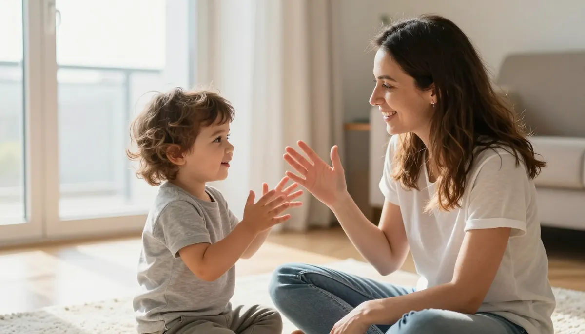 Anne ve küçük çocuğun oyun oynarken sohbet ettikleri sıcak anlar.
