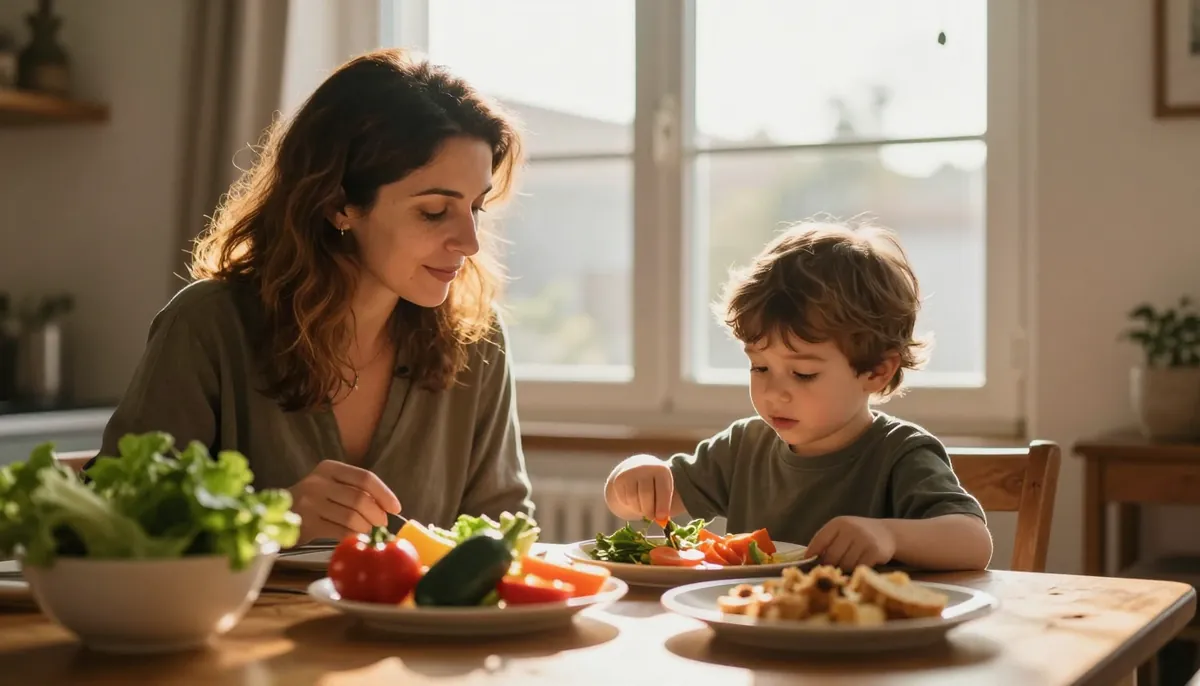 Seçici yiyen çocuğa rehberlik eden anne, aile sofrasında ışık ve umut.