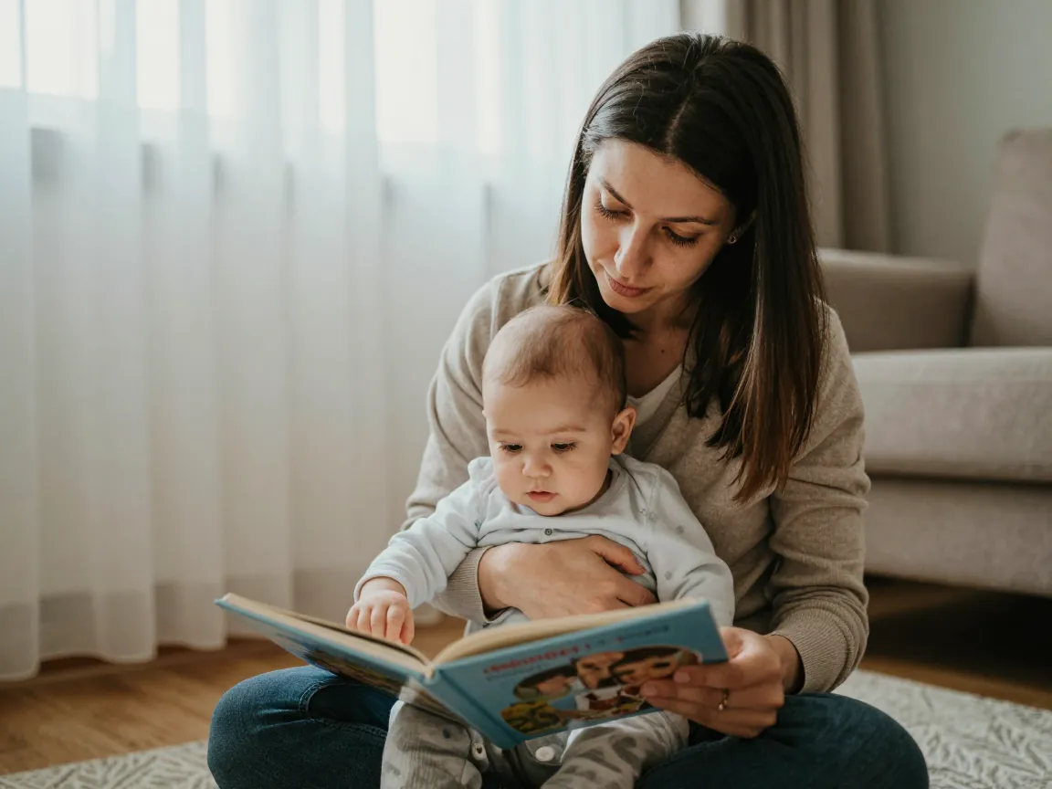 Anne ve bebeği beraber kitap okurken anı kalp doluluğuyla yakalanmış.