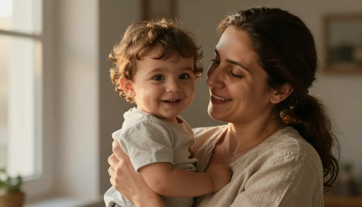 Anne ve bebeği, günsüş ışığında sıcak bir anı paylaşıyor.